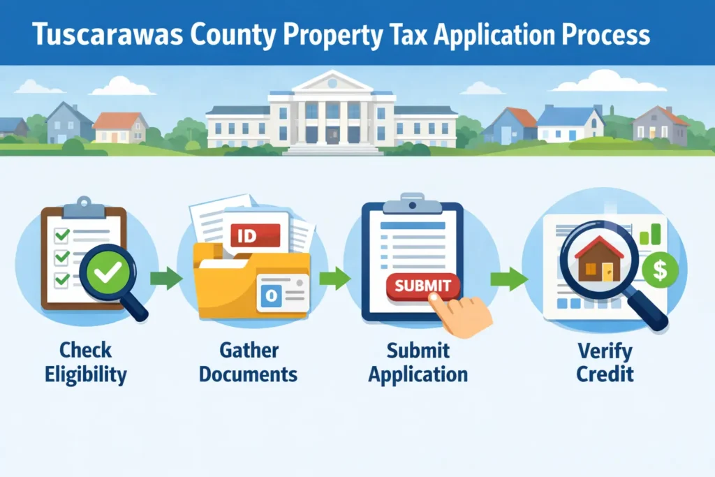 Step-by-step infographic of Tuscarawas County property tax application process with icons and arrows.
